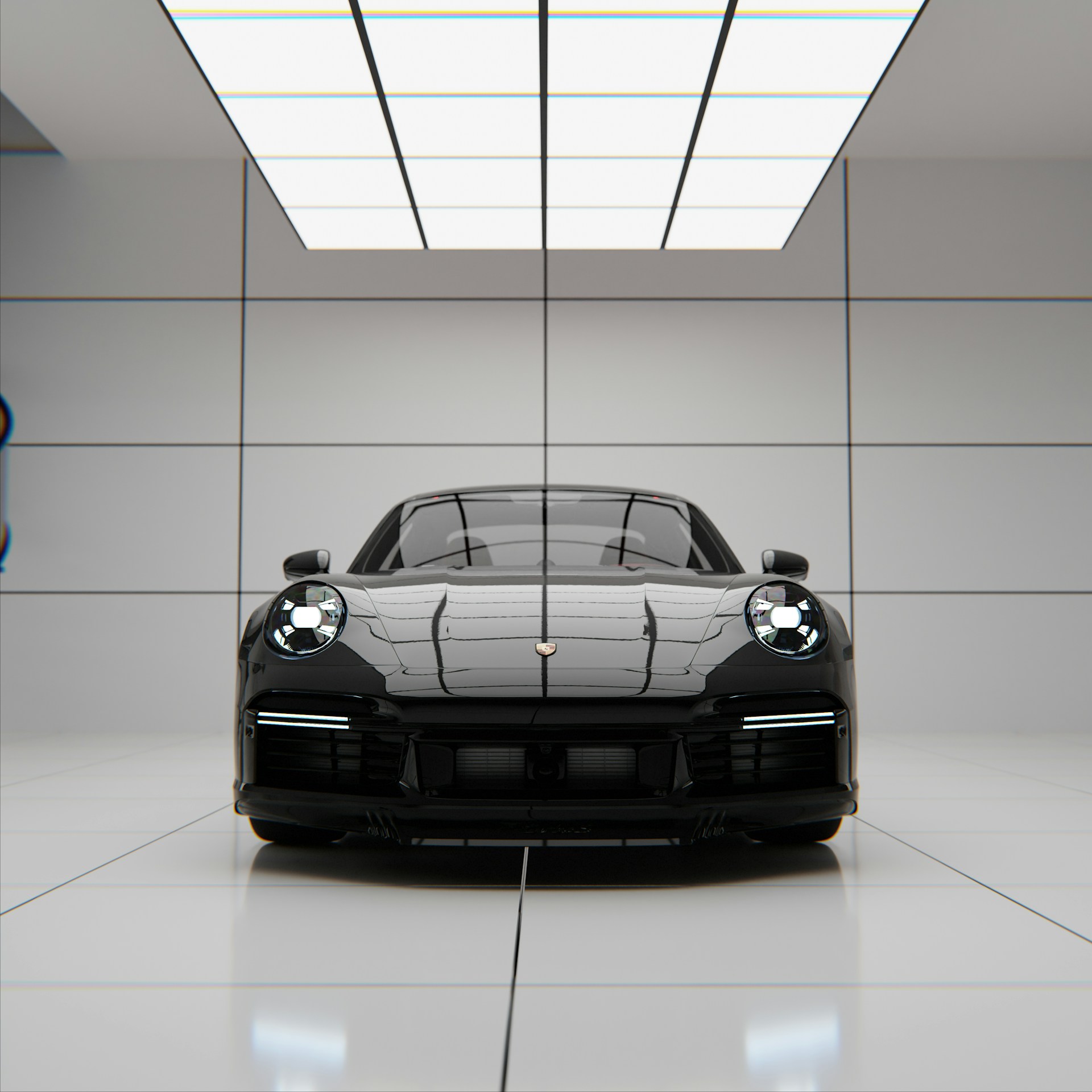 Porsche 911 preto em showroom, sem placa visível